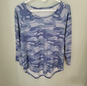 Blue‎ Camo Raglan Long Sleeve T Shirt Round Neck Top Casual Women